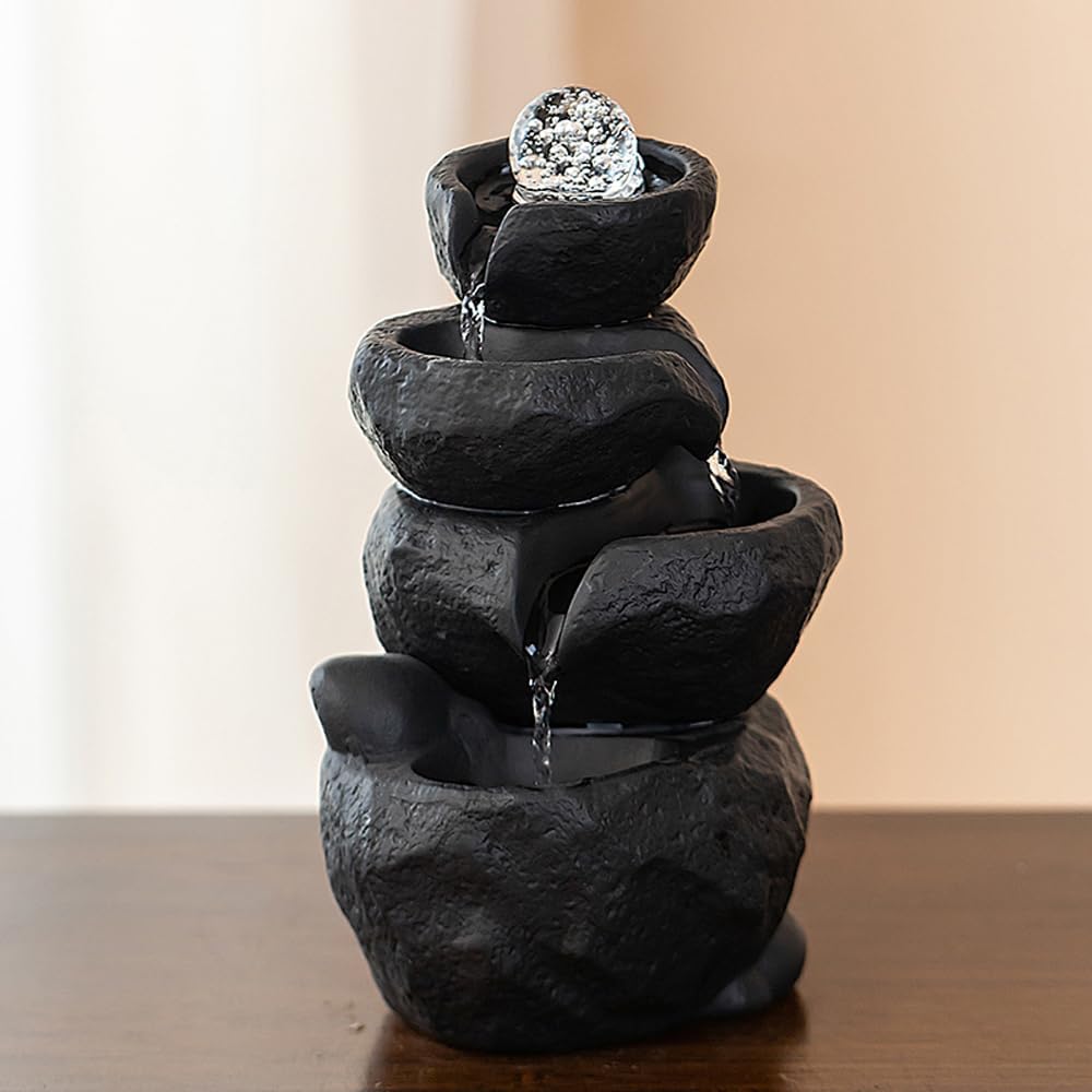 Tabletop Desktop Fountain Waterfall Water Feature Ceramic Indoor Fountain Office Home Decoration (Black)