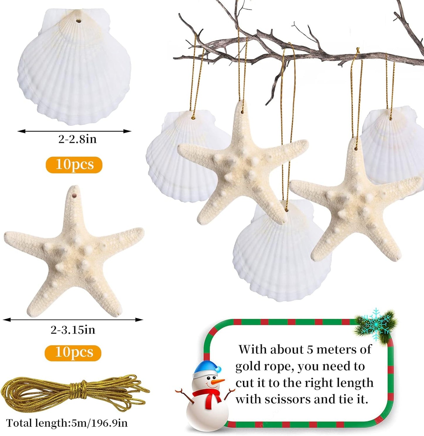20 PCS Christmas Tree Hanging Ornaments Natural Starfish Sea Shells Decorations Beach Style
