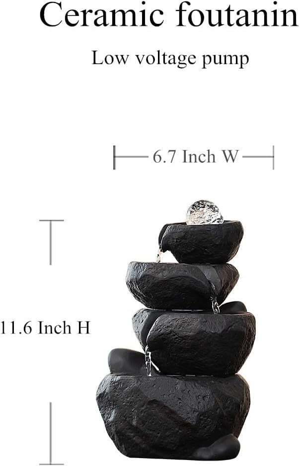 Tabletop Desktop Fountain Waterfall Water Feature Ceramic Indoor Fountain Office Home Decoration (Black)