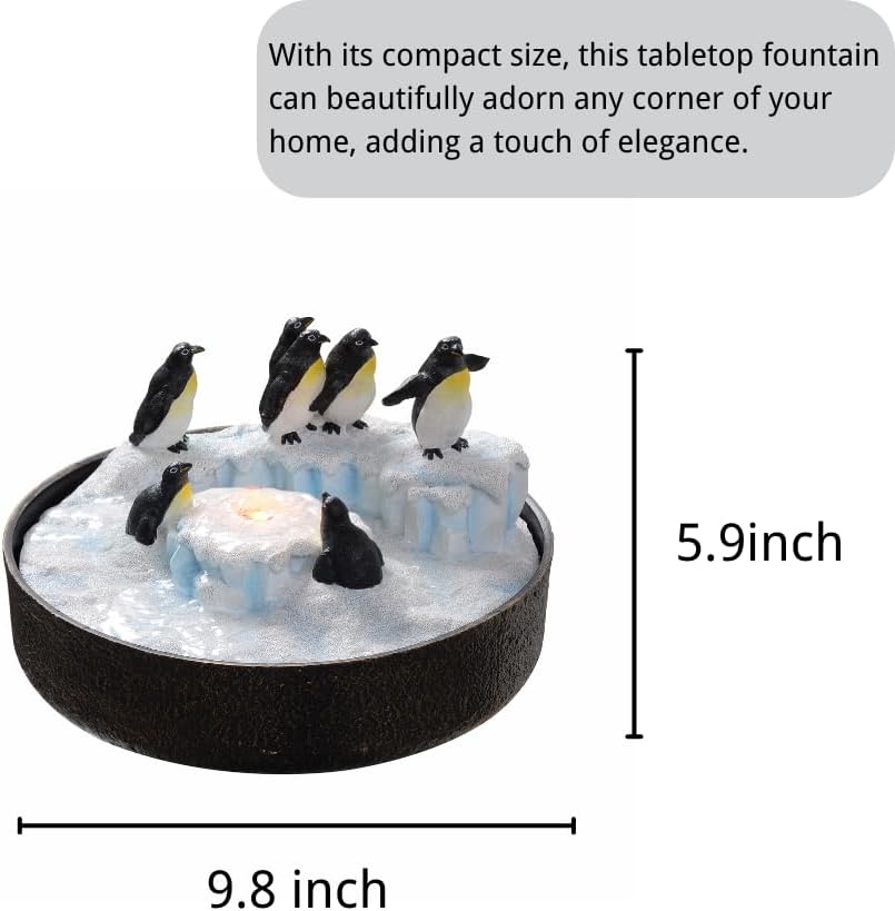 Tabletop Fountain for Round Base with Penguin Statue, Zen Meditation Waterfall Feature Little Indoor Water Fountain with LED Lights