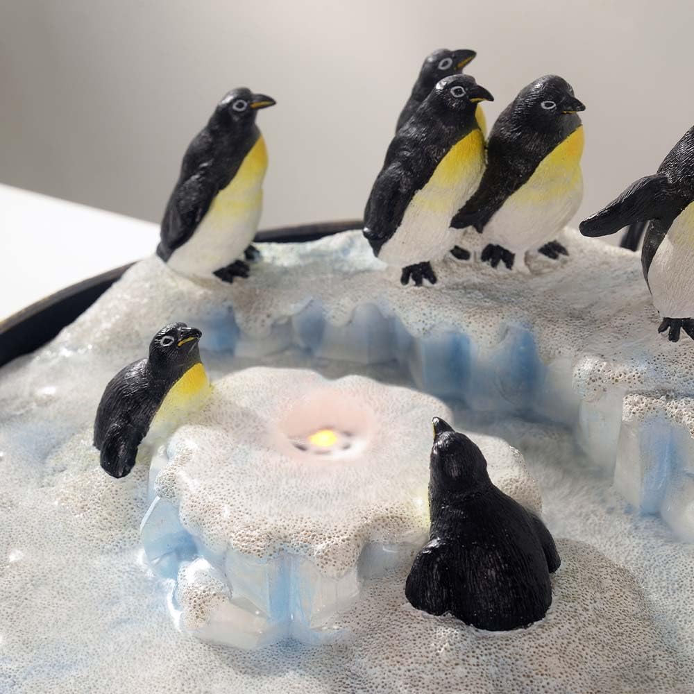 Tabletop Fountain for Round Base with Penguin Statue, Zen Meditation Waterfall Feature Little Indoor Water Fountain with LED Lights