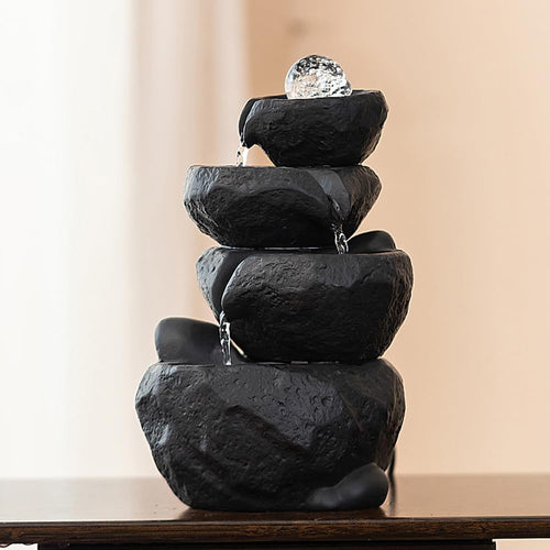 Tabletop Desktop Fountain Waterfall Water Feature Ceramic Indoor Fountain Office Home Decoration (Black)