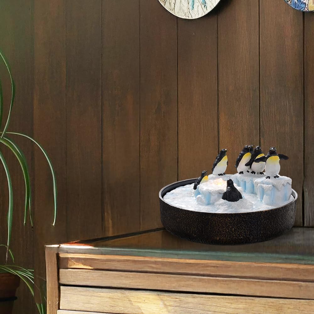 Tabletop Fountain for Round Base with Penguin Statue, Zen Meditation Waterfall Feature Little Indoor Water Fountain with LED Lights