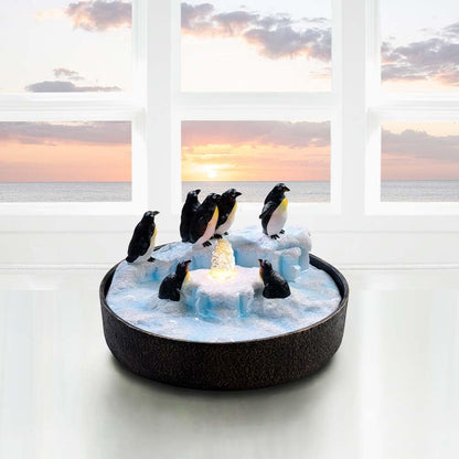 Tabletop Fountain for Round Base with Penguin Statue, Zen Meditation Waterfall Feature Little Indoor Water Fountain with LED Lights