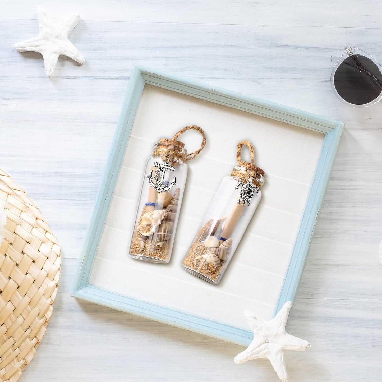 6 Pcs Coastal Beach Ornaments Nautical Glass Message Bottle Christmas Ocean Sand Jar Hanging Ornaments Decorations with Seashell