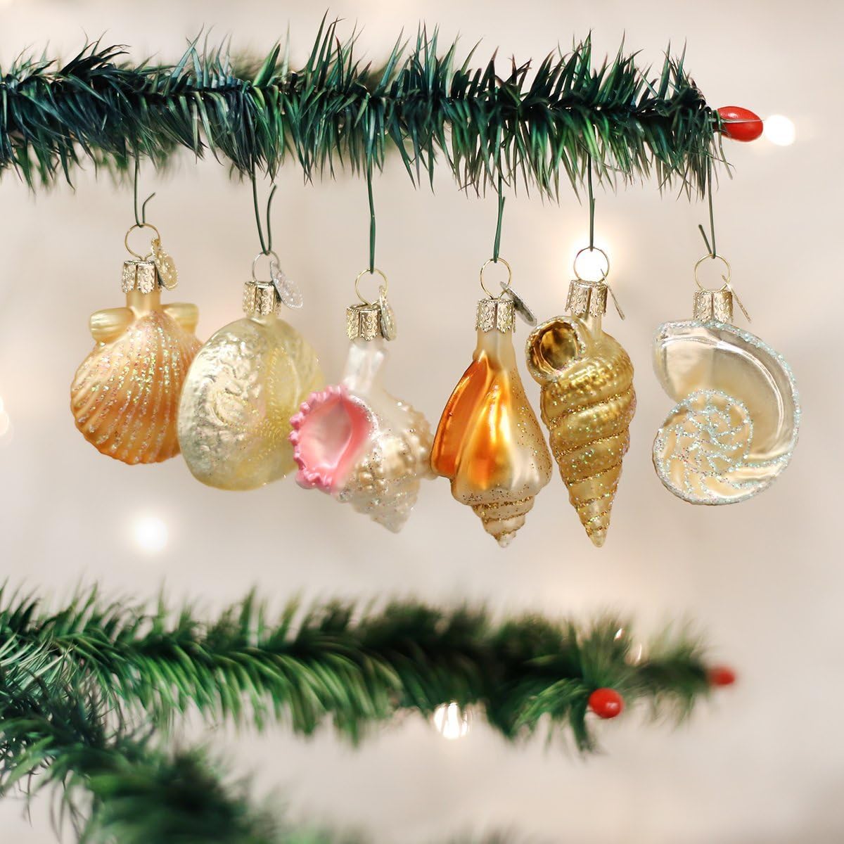Old World Christmas Assorted Sea Shell Mini Glass Blown Ornament Set for Christmas Tree, Handcrafted Holiday Decoration, Seashell Collection
