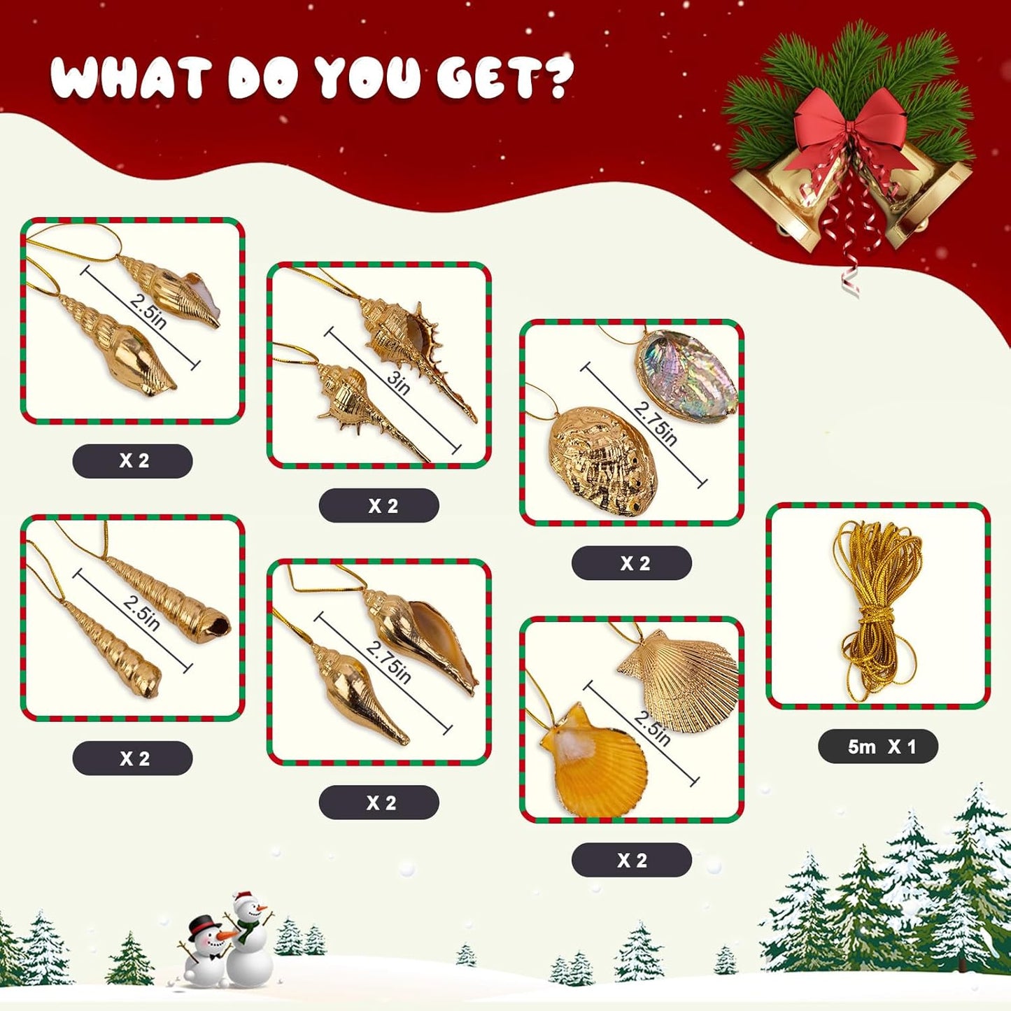 Sea Shell Ornaments for Christmas - 12PCS Plated Champagne Small Ornaments