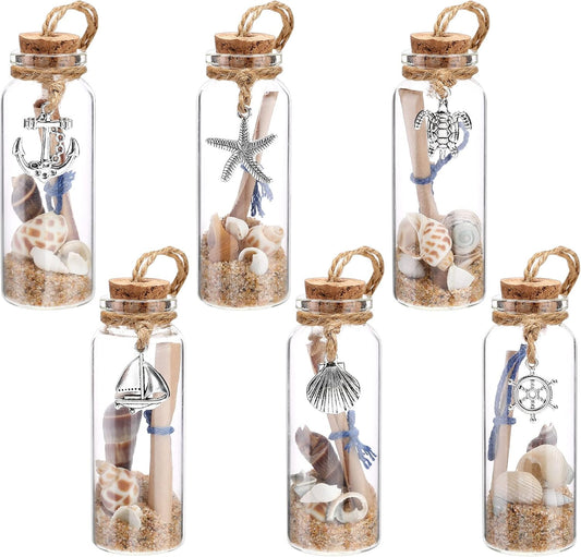 6 Pcs Coastal Beach Ornaments Nautical Glass Message Bottle Christmas Ocean Sand Jar Hanging Ornaments Decorations with Seashell