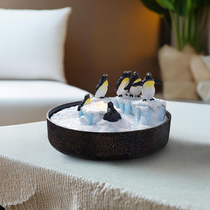 Tabletop Fountain for Round Base with Penguin Statue, Zen Meditation Waterfall Feature Little Indoor Water Fountain with LED Lights