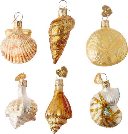 Old World Christmas Assorted Sea Shell Mini Glass Blown Ornament Set for Christmas Tree, Handcrafted Holiday Decoration, Seashell Collection