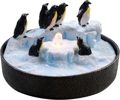Tabletop Fountain for Round Base with Penguin Statue, Zen Meditation Waterfall Feature Little Indoor Water Fountain with LED Lights